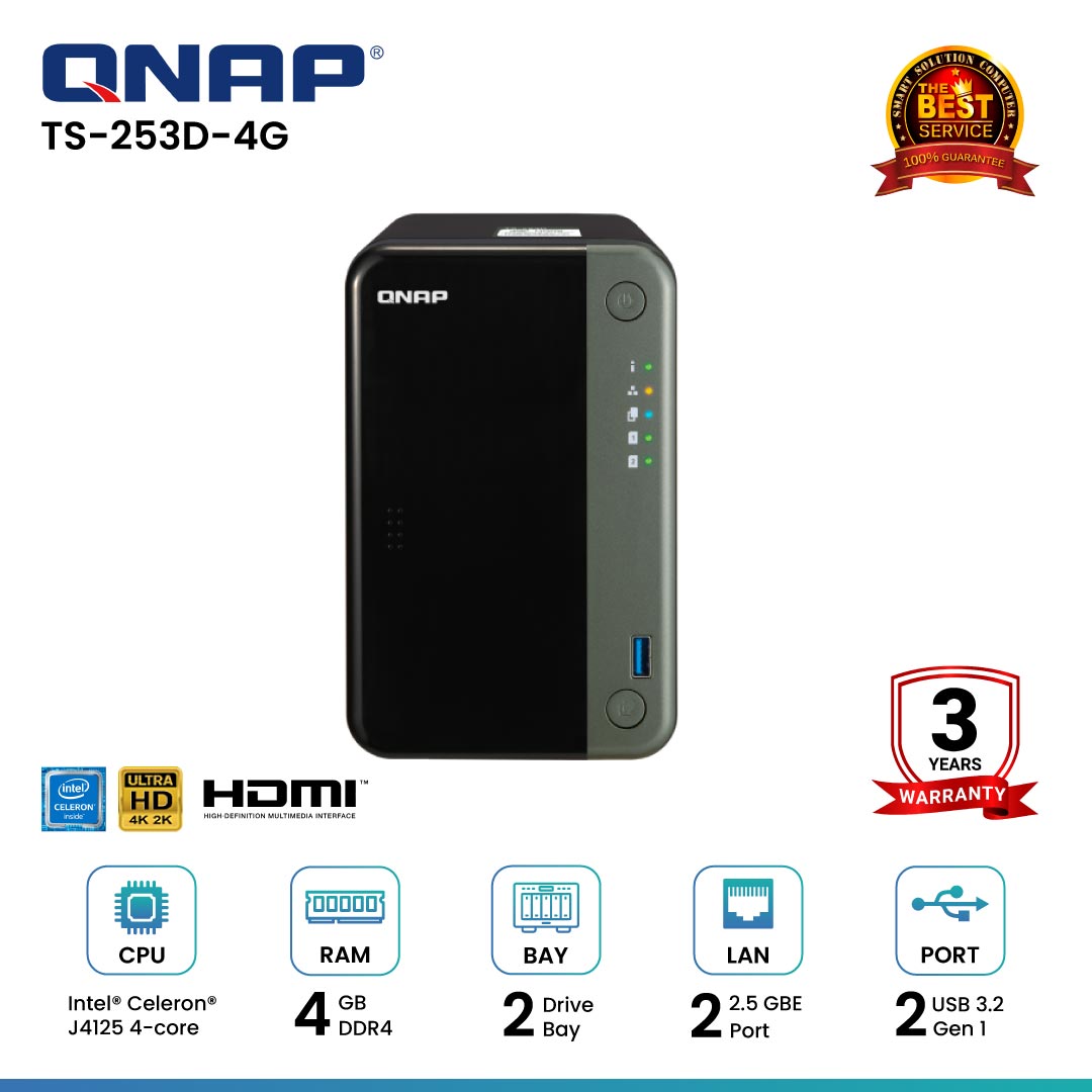 Qnap TS-253D-4G 2-Bay Nas อุปกรณ์จัดเก็บข้อมูลบนเครือข่าย